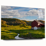 Acrylic wall art showcasing a vibrant landscape of a rustic barn nestled among lush green fields, viewed from the side. Ideal for home décor enthusiasts seeking nature-inspired designs.