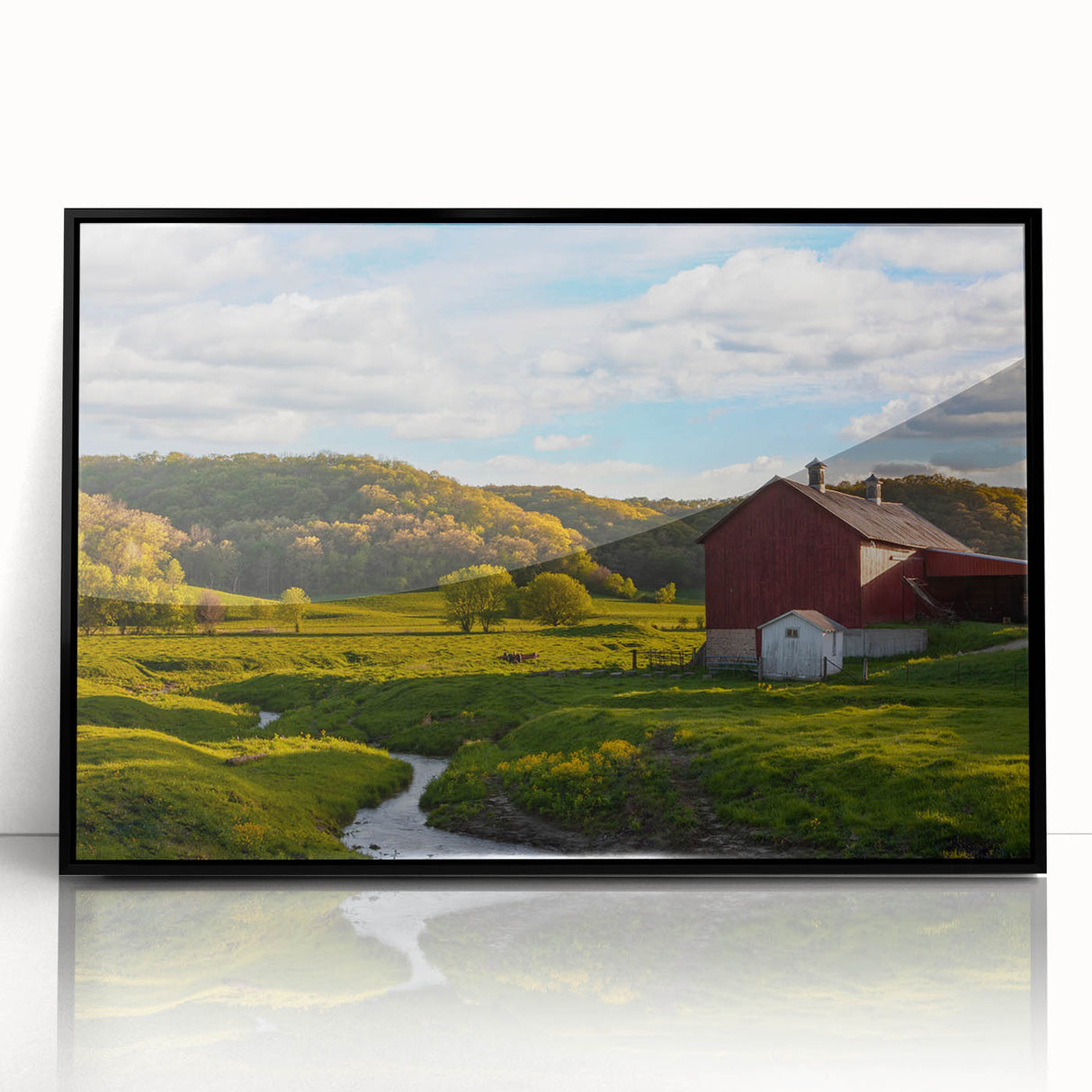 Framed acrylic wall art showcasing a picturesque barn landscape design, featuring vibrant colors and intricate details, perfect for enhancing home decor.