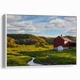 Framed canvas wall art showcasing a serene barn landscape design with vibrant colors, set against a white background, perfect for home decor.