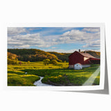 Rustic barn landscape wall art print featuring vibrant colors and intricate details, rolled and ready for framing, perfect for farmhouse decor enthusiasts.
