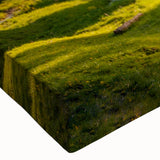 Close-up of a vibrant stretched canvas wall art piece showcasing a rustic barn landscape, highlighting warm earth tones and intricate details, perfect for home decor.