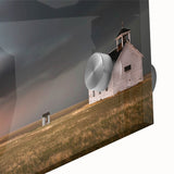 Close-up of a vibrant acrylic glass wall art piece showcasing a serene landscape with rustic barns, perfect for home decor and enhancing interior aesthetics.