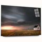 Acrylic glass wall art featuring a vibrant landscape design with rustic barns, showcasing rich colors and intricate details, ideal for home décor enhancement.