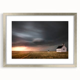 Elegant silver-framed wall art featuring a serene landscape with a rustic barn, showcasing muted earth tones and a soft matte finish, perfect for home decor.