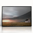 Framed acrylic wall art showcasing a stunning landscape of rustic barns, featuring a sleek black frame and vibrant colors, ideal for home decor enhancement.