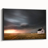 Framed canvas wall art featuring a serene landscape with a rustic barn, showcasing vibrant colors and intricate details, perfect for home decor enhancement.