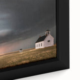 Close-up of a framed canvas wall art piece showcasing a rustic barn landscape design, featuring warm earthy tones and intricate details that enhance its charm. Ideal for home decor enthusiasts seeking nature-inspired artwork.