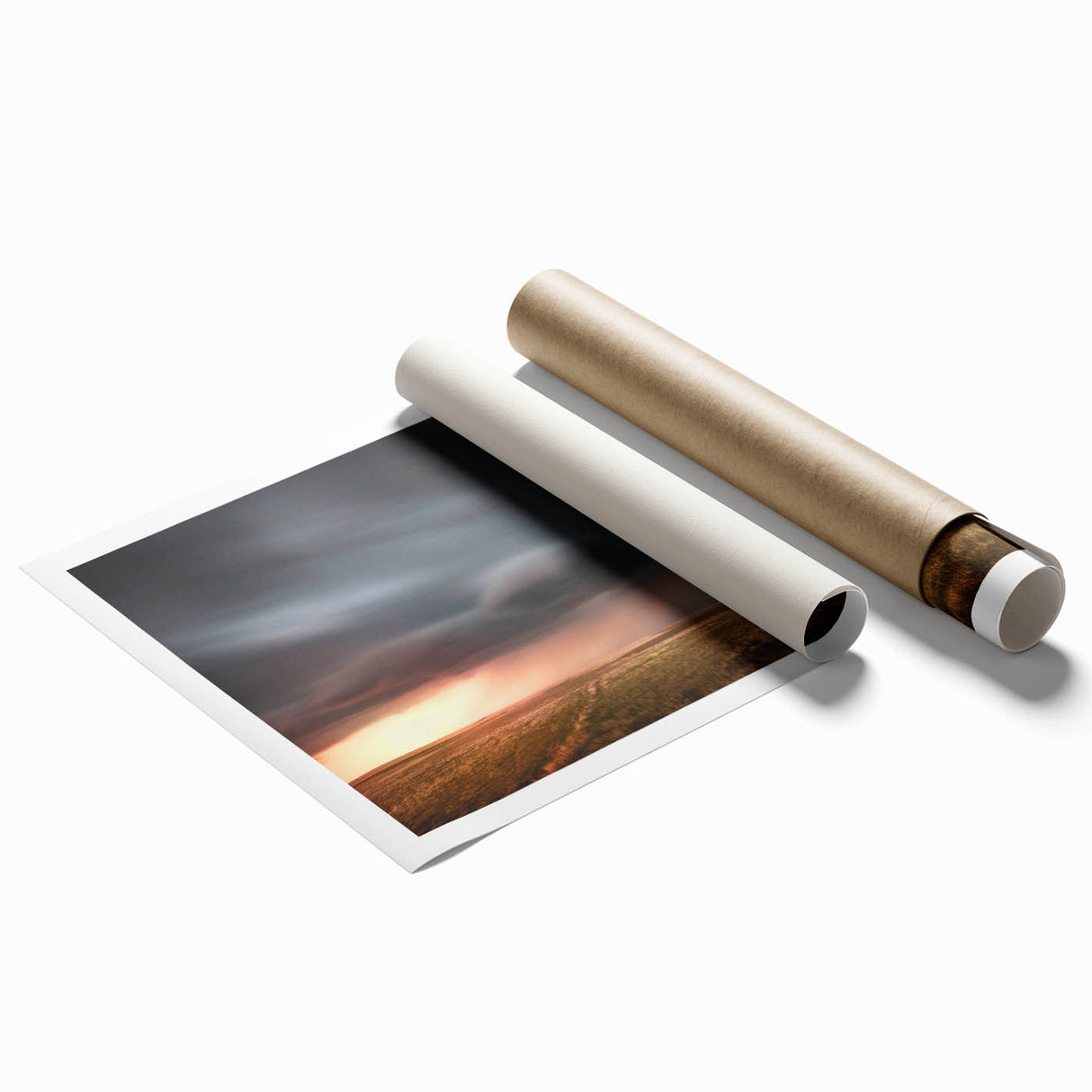 Rolled print showcasing a vibrant landscape barn scene with lush greenery and a clear blue sky, ideal for enhancing home decor. Perfect for rustic-themed interiors.