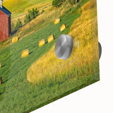 Close-up of a vibrant acrylic glass wall art piece featuring a rustic barn landscape, showcasing rich colors and intricate details that enhance any home decor.