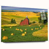Side view of an acrylic glass wall art piece featuring a serene landscape with rustic barns, showcasing vibrant colors and intricate details, designed for modern decor.