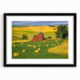 Framed wall art showcasing a picturesque barn landscape design, featuring a black mat and sleek frame, ideal for enhancing home decor and rustic themes.
