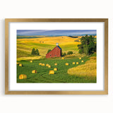 Elegant framed wall art featuring a picturesque barn landscape design with a gold mat, perfect for enhancing home decor and bringing rustic charm to any space.