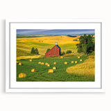 Framed wall art collection showcasing a picturesque landscape with a rustic barn, featuring a white mat and frame, ideal for home decor and enhancing interior aesthetics.
