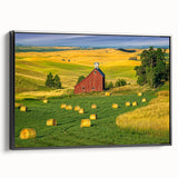 Framed canvas wall art showcasing a picturesque barn landscape design with vibrant colors and detailed textures, presented in a sleek black frame, ideal for enhancing home decor.