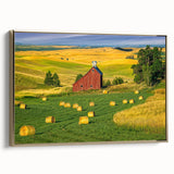 Framed canvas wall art showcasing a picturesque landscape with rustic barns, highlighted by a gold frame, ideal for home decor with a countryside theme.