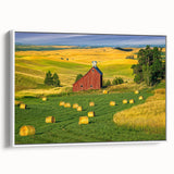 Framed canvas wall art showcasing a serene landscape of a rustic barn surrounded by lush greenery, ideal for enhancing home decor with a touch of countryside charm. The artwork features warm colors and intricate details, perfect for art enthusiasts and nature lovers alike.
