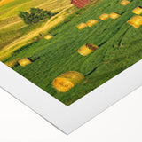 Rustic barn landscape artwork on rolled canvas showcasing vibrant colors and textured details, ideal for home decor. Perfect blend of nature and artistry.