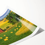 Rustic barn landscape wall art print showcasing vibrant colors and intricate details, perfect for home decor or office settings, rolled for easy framing.