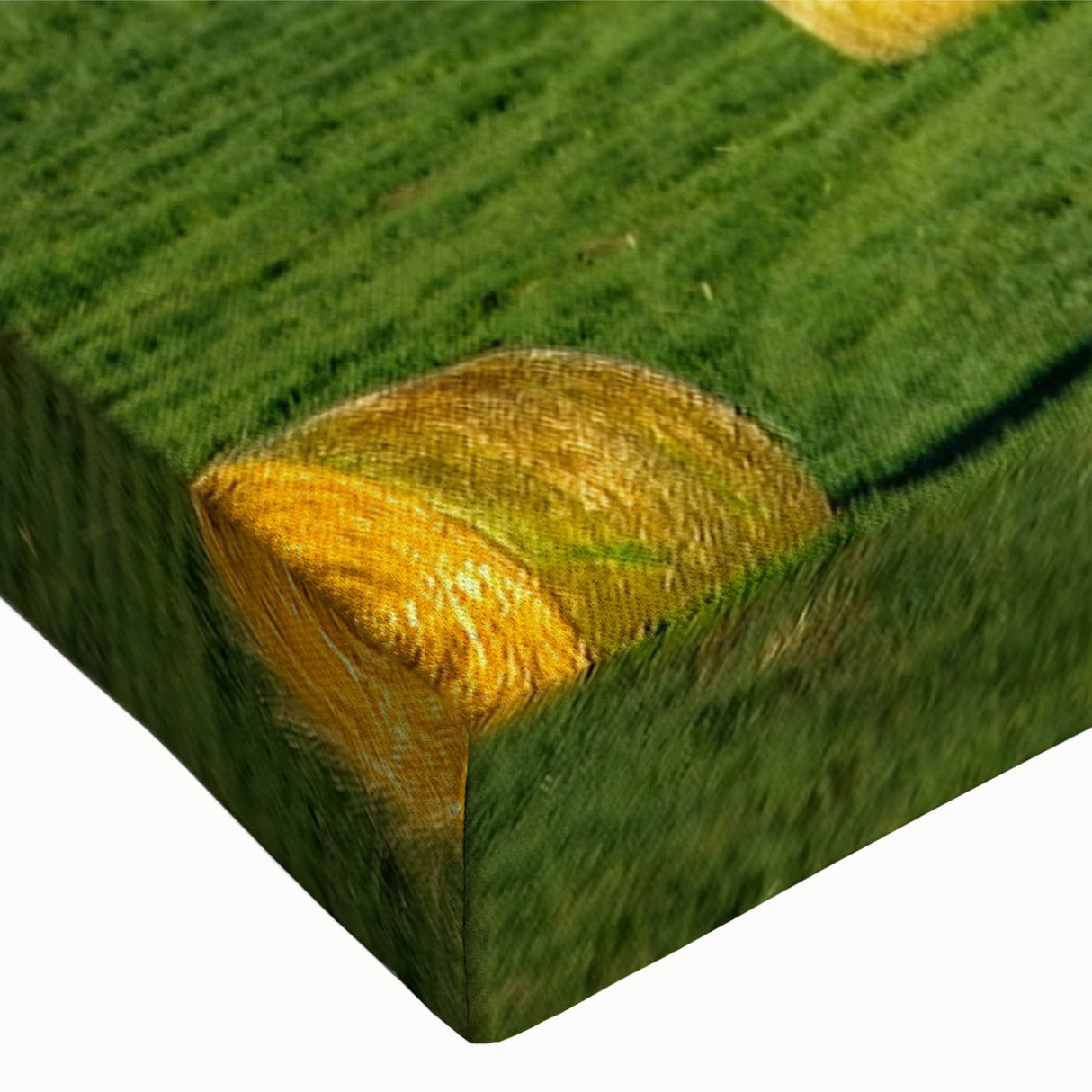 Close-up of a stretched canvas wall art piece showcasing a vibrant barn landscape design, featuring rich colors and intricate details, perfect for home decor.