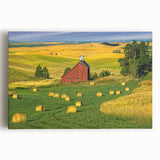 Stretched canvas wall art depicting a rustic barn landscape, showcasing vibrant colors and detailed textures, perfect for enhancing home decor aesthetics.