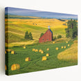 Stretched canvas wall art showcasing a picturesque landscape with a rustic barn, vibrant colors, and serene natural scenery, perfect for home decor.