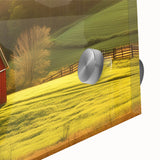 Close-up of a beautifully designed acrylic wall art piece showcasing a serene landscape with rustic barns, vibrant colors, and intricate details, perfect for home decor.