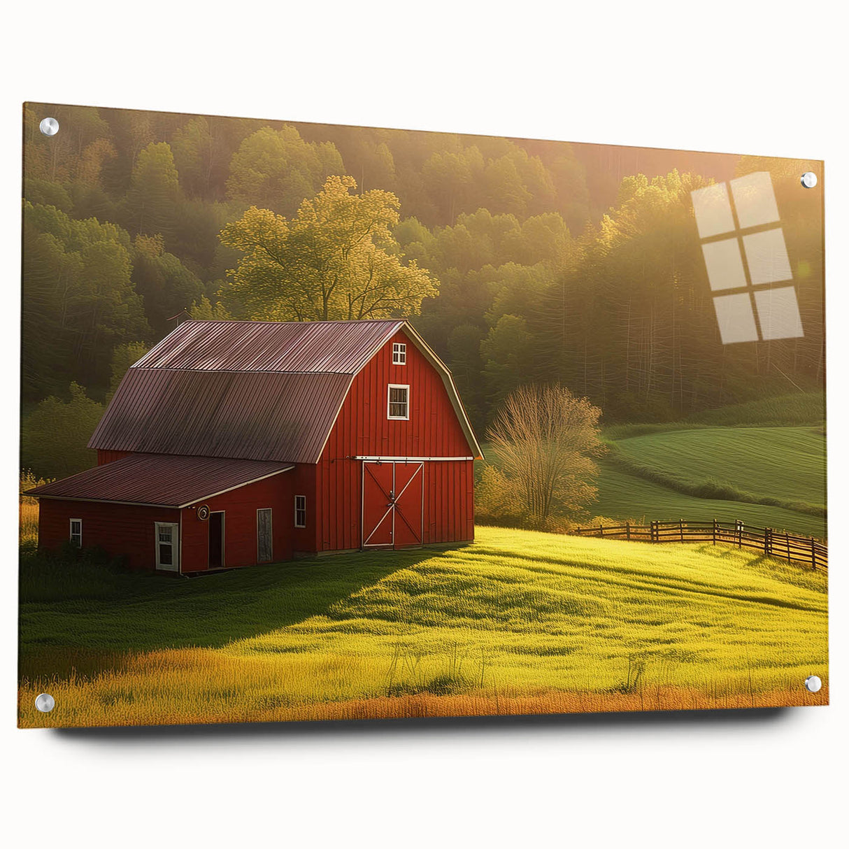 Acrylic glass wall art collection showcasing a vibrant landscape with rustic barns, presented in a side view with decorative pins for modern decor. Perfect for enhancing interior spaces.