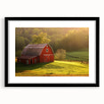 Framed wall art showcasing a serene landscape with a rustic barn in soft earthy tones, complemented by a black mat, enhancing its modern aesthetic appeal.