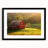 Framed wall art showcasing a serene landscape with a rustic barn in soft earthy tones, complemented by a black mat, enhancing its modern aesthetic appeal.
