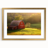 Framed wall art featuring a scenic landscape of rustic barns in a gold frame with a mat, ideal for home decor, showcasing warm earth tones and inviting aesthetics.