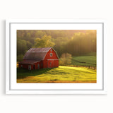 Framed wall art collection showcasing serene landscapes with rustic barns, featuring a white mat and sleek frame, perfect for enhancing home decor.