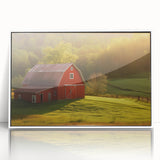 Framed wall art collection showcasing serene landscapes with rustic barns, set in a white frame. The acrylic finish enhances colors and details, perfect for home decor.