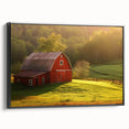 Framed canvas wall art depicting a picturesque landscape with a rustic barn, set against a serene natural backdrop, featuring vibrant colors and a black frame for a modern touch.