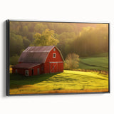 Framed canvas wall art depicting a picturesque landscape with a rustic barn, set against a serene natural backdrop, featuring vibrant colors and a black frame for a modern touch.