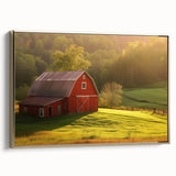 Framed canvas wall art showcasing a picturesque barn landscape with golden accents, designed to enhance interior decor and evoke a sense of tranquility. Ideal for rustic-themed spaces.