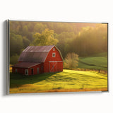 Framed canvas wall art showcasing a serene landscape with a rustic barn, set against a vibrant sunset backdrop, perfect for enhancing home decor.