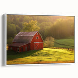 Framed canvas wall art collection showcasing serene landscapes and rustic barns, featuring soft colors and a white frame, ideal for enhancing home decor.
