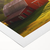 Rolled canvas artwork showcasing a vibrant landscape of rustic barns under a blue sky, perfect for farmhouse decor; packaged securely in a protective cardboard tube.