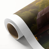 Rustic landscape wall art featuring a serene barn scene under a vibrant sunset, printed on high-quality rolled canvas, perfect for home decor enhancement.