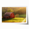Rustic landscape wall art featuring a vibrant red barn set against a serene green field, perfect for adding a touch of country charm to home decor.