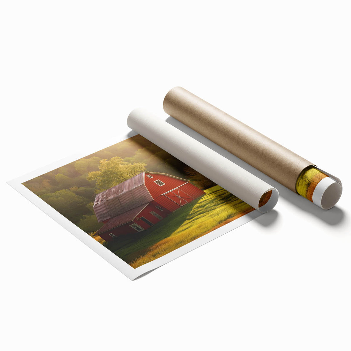 Vibrant rolled print of a rustic barn landscape, showcasing rich colors and detailed textures, ideal for farmhouse decor or country-themed interior design.