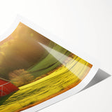 Rustic landscape wall art print showcasing a serene barn scene with vibrant green fields and a clear blue sky, perfect for enhancing home decor. Ideal for nature lovers.