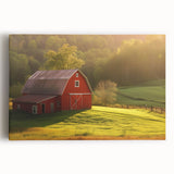 Vibrant stretched canvas wall art showcasing a picturesque landscape with rustic barns, rich greenery, and a serene sky, perfect for home decor enthusiasts.
