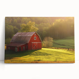 Stretched canvas artwork showcasing a serene landscape with rustic barns against a vibrant sunset, perfect for home decor and adding warmth to any room.