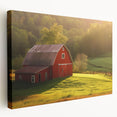 Stretched canvas artwork showcasing a serene landscape with a rustic barn set against vibrant autumn trees. Perfect for enhancing home decor with nature's beauty.