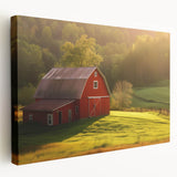 Stretched canvas artwork showcasing a serene landscape with a rustic barn set against vibrant autumn trees. Perfect for enhancing home decor with nature's beauty.