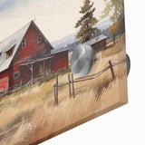 Close-up of a vibrant acrylic wall art piece showcasing a rustic barn landscape, featuring rich colors and intricate details, perfect for home decor enhancement.
