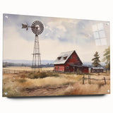 Acrylic wall art showcasing a vibrant landscape of rustic barns set against a serene countryside backdrop, elegantly displayed in a sleek glass frame with pins for hanging.