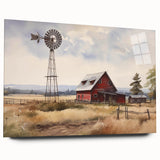 Acrylic glass wall art collection showcasing a side view of a serene landscape with rustic barns, vibrant colors, and natural scenery, perfect for home decor.