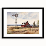 Black-framed wall art featuring a serene landscape scene with a rustic barn, showcasing beautiful earthy tones and intricate details, perfect for home décor.